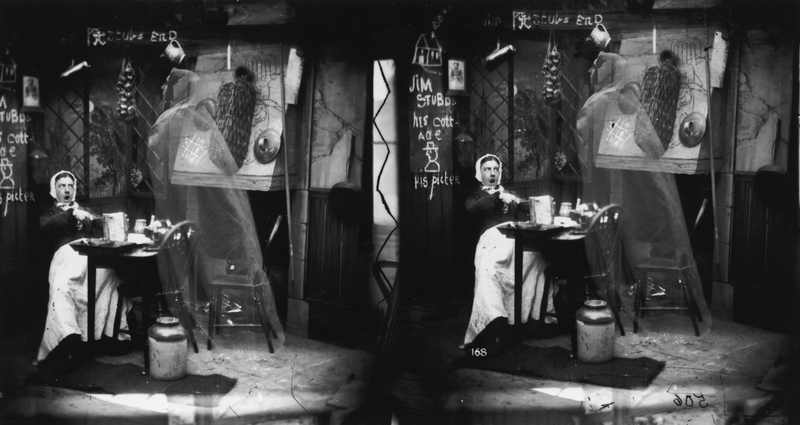 The ghost of Jim Stubbs, the previous occupant of the house, appears to a woman eating her dinner, circa 1865. (Photo by London Stereoscopic Company/Hulton Archive/Getty Images)